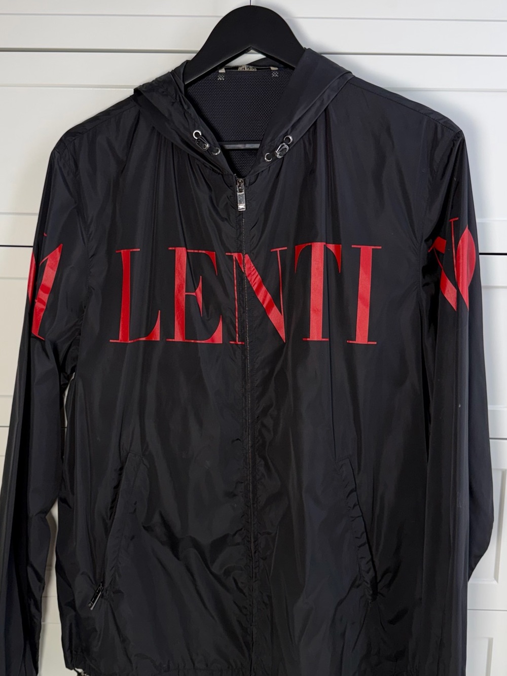Valentino Black Hooded Windbreaker with Red Logo Print